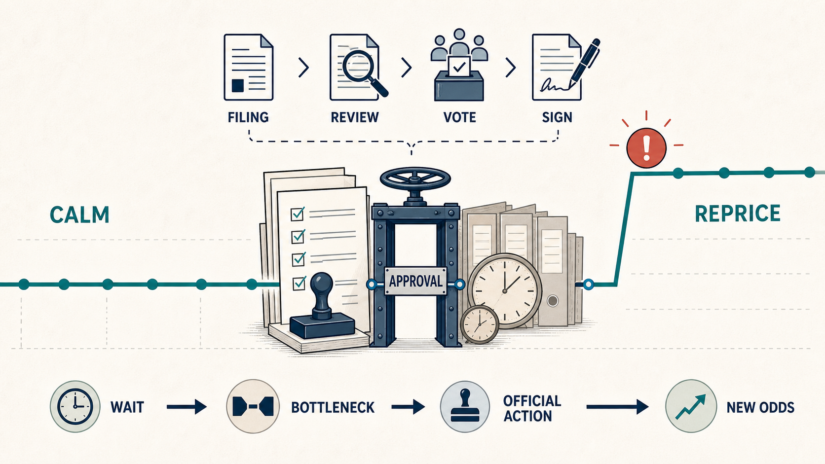 Why Procedural Prediction Markets Can Stay Calm and Then Reprice All at Once hero diagram