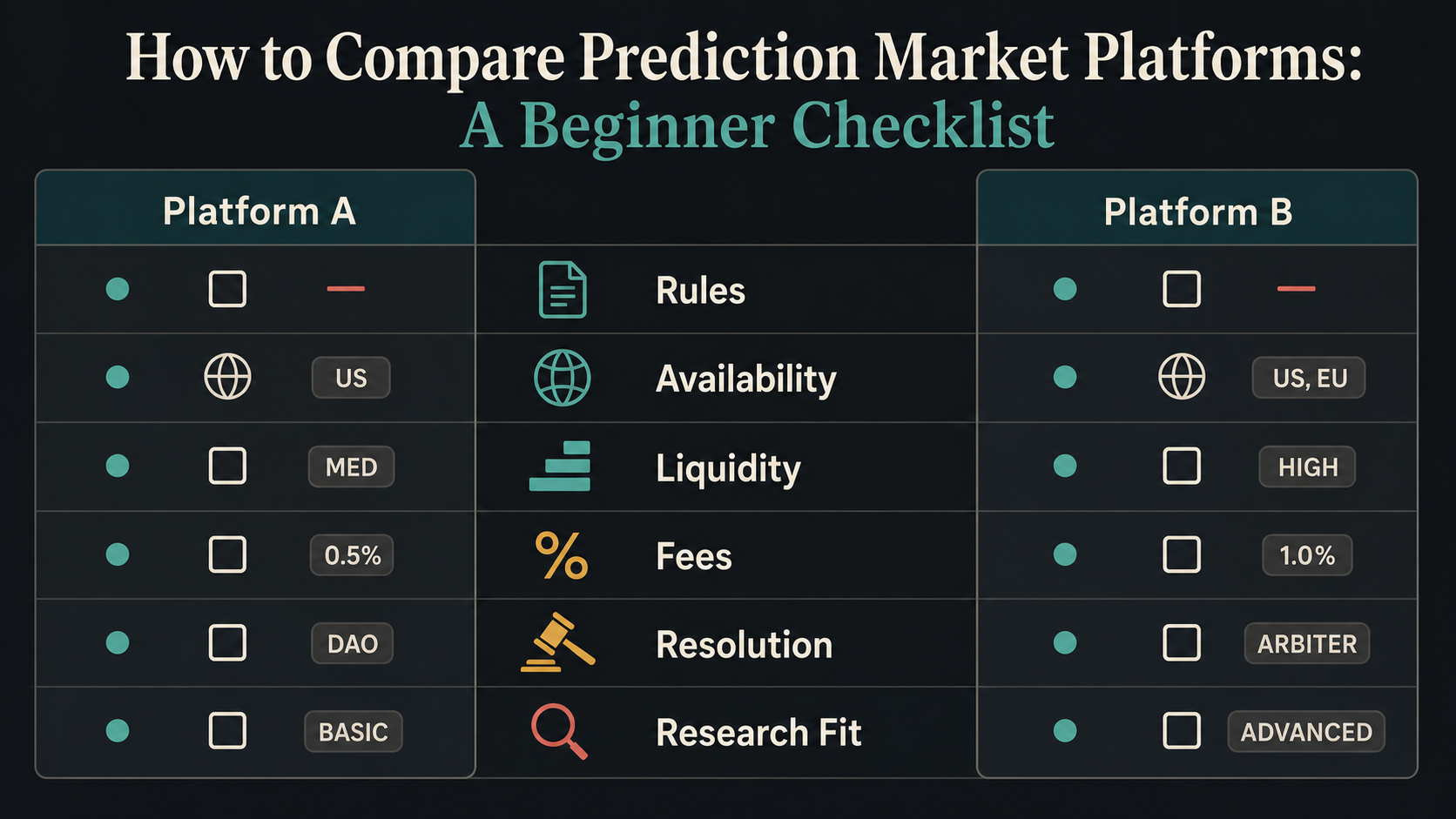 How to Compare Prediction Market Platforms: A Beginner Checklist