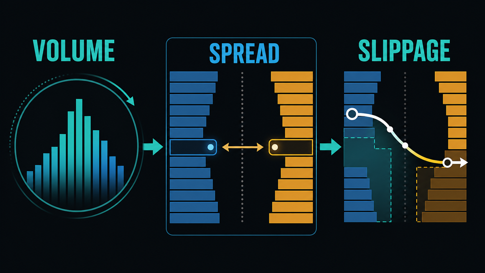 Prediction market liquidity diagram explaining volume, spread, and slippage